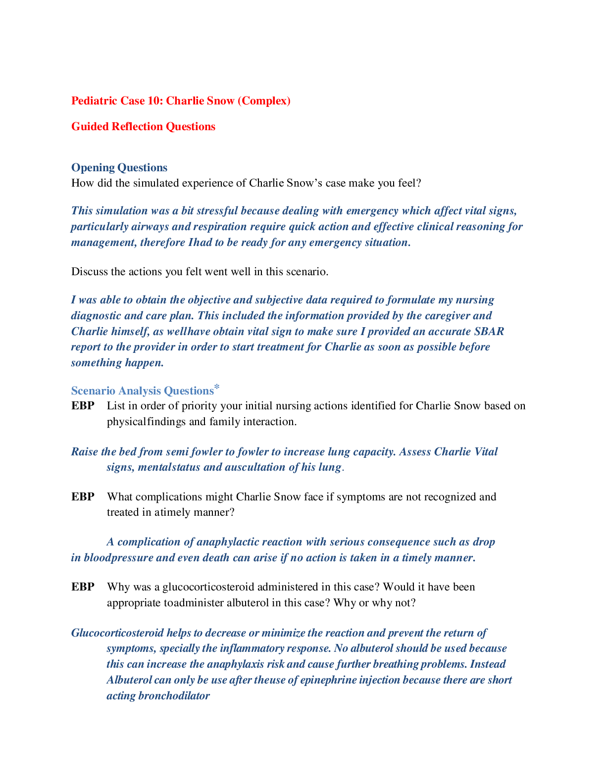 Preview of vSim for Nursing| Pediatric Case 10: Charlie Snow (Complex) Guided Reflection Questions